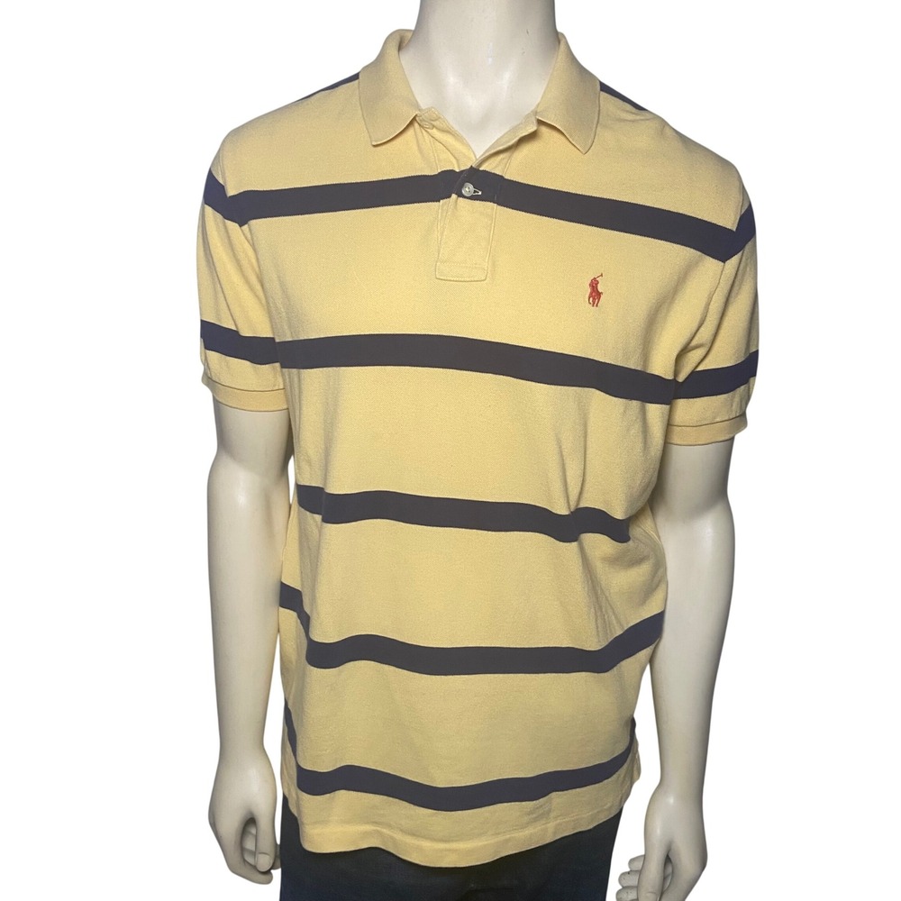 Polo Ralph Lauren Mens Large Yellow‎ Navy Blue Striped Short Sleeve Polo Shirt